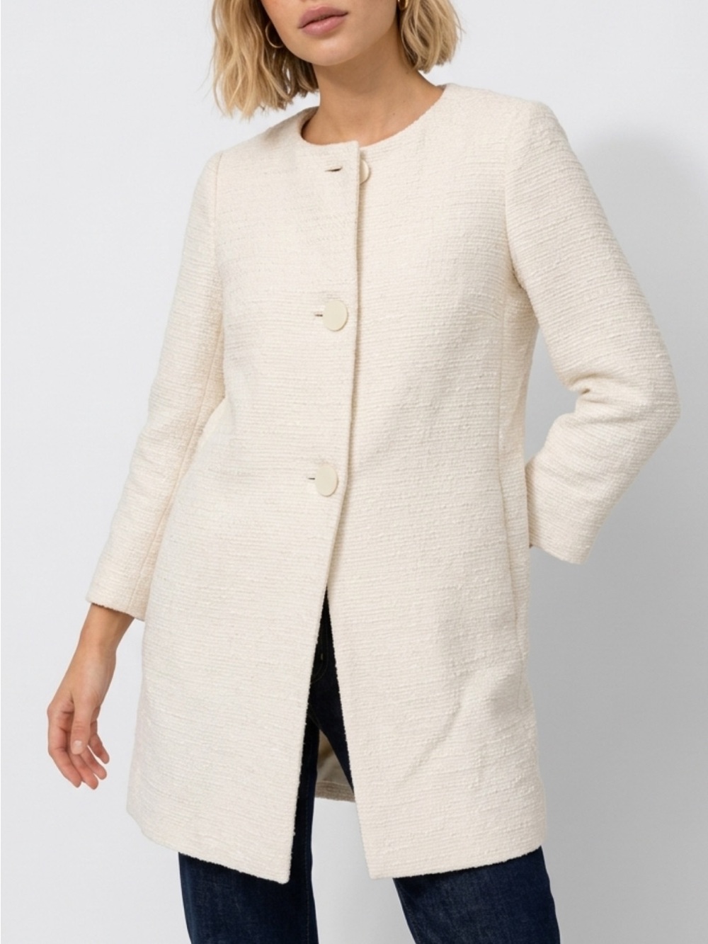 kate spade Cream Bouclé Collarless Trench Coat